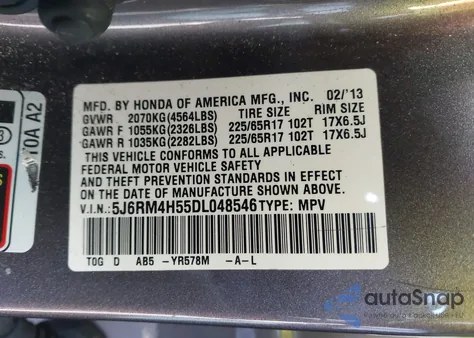 2013 Honda Cr-V Ex from USA, damaged, VIN 5J6RM4H55DL048546
